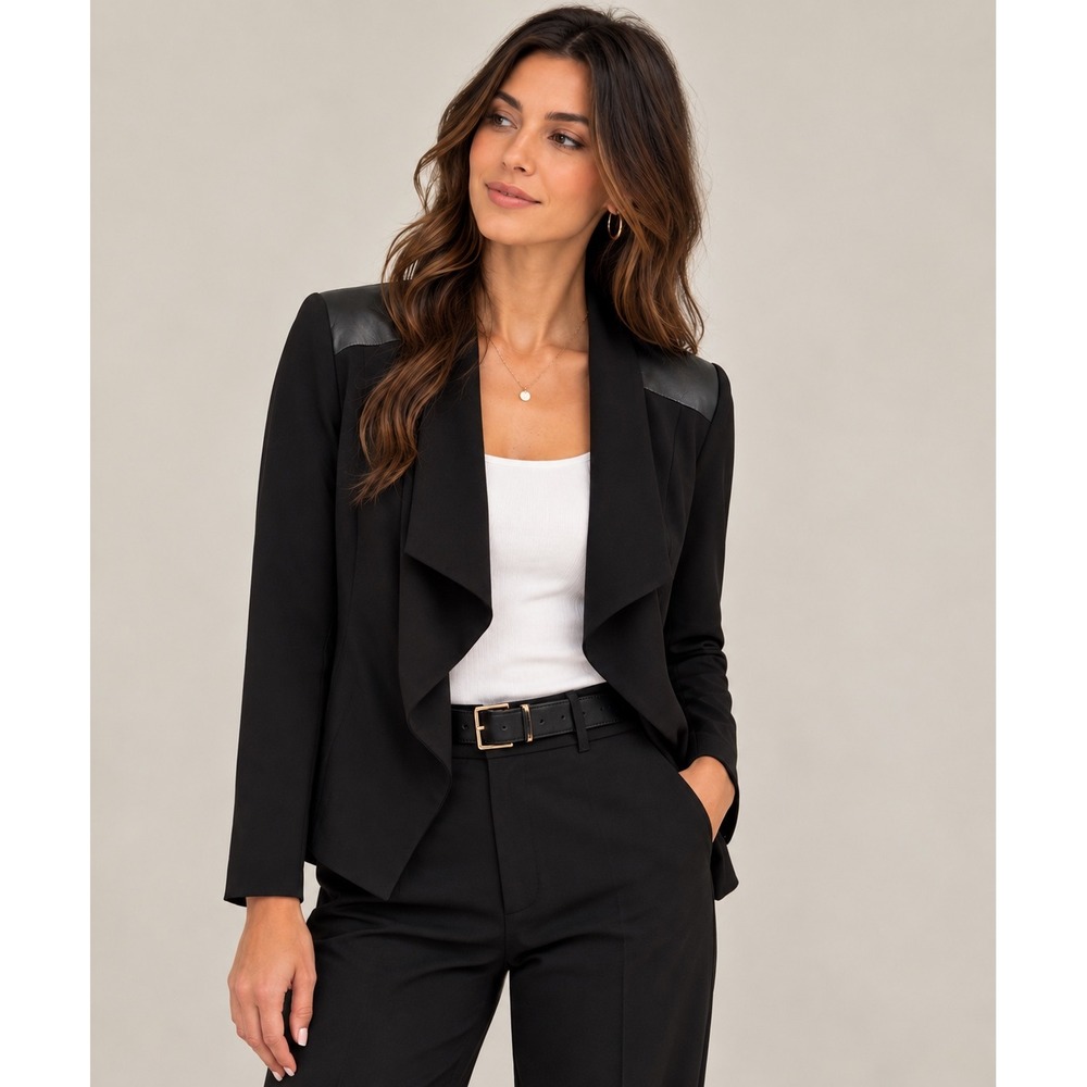 White House Black Market WHBM Black Open Front Blazer Faux Leather Trim Size 10